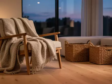 Ein gemütlicher Wohnraum mit warmem Licht, einer Wolldecke auf einem Holzstuhl und geflochtenen Aufbewahrungskörben. - Foto: über boerse-global.de
