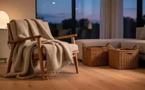 Ein gemütlicher Wohnraum mit warmem Licht, einer Wolldecke auf einem Holzstuhl und geflochtenen Aufbewahrungskörben. - Foto: über boerse-global.de