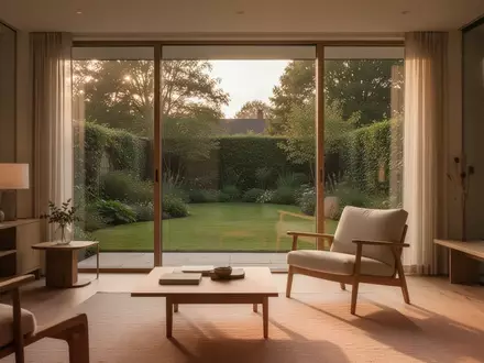 Ein sonnendurchflutetes, modern eingerichtetes Wohnzimmer mit Blick in einen gepflegten Garten, das eine ruhige Atmosphäre vermittelt. - Foto: über boerse-global.de