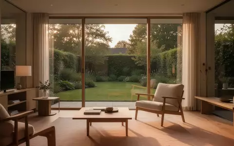 Ein sonnendurchflutetes, modern eingerichtetes Wohnzimmer mit Blick in einen gepflegten Garten, das eine ruhige Atmosphäre vermittelt. - Foto: über boerse-global.de