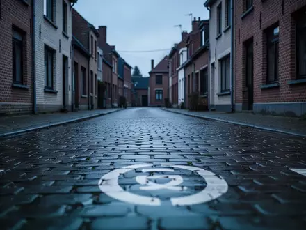 Eine ruhige, verregnete Wohnstraße in einer belgischen Vorstadt bei Dämmerung, Fokus auf Kopfsteinpflaster und Straßenmarkierungen. - Foto: über boerse-global.de
