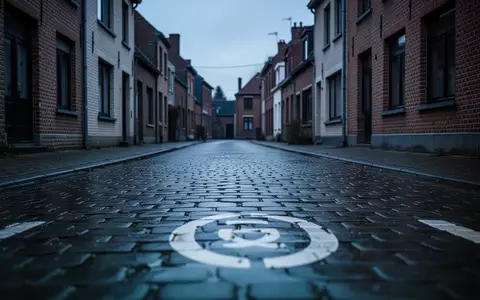 Eine ruhige, verregnete Wohnstraße in einer belgischen Vorstadt bei Dämmerung, Fokus auf Kopfsteinpflaster und Straßenmarkierungen. - Foto: über boerse-global.de