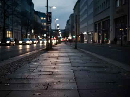 Eine leere Berliner Straße in der Dämmerung mit unscharfen Stadtlichtern im Hintergrund. - Foto: über boerse-global.de
