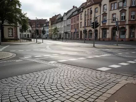 Eine leere städtische Straßenkreuzung mit Asphalt und Kopfsteinpflaster bei Tageslicht. - Foto: über boerse-global.de