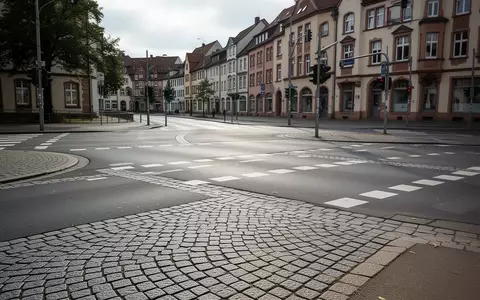 Eine leere städtische Straßenkreuzung mit Asphalt und Kopfsteinpflaster bei Tageslicht. - Foto: über boerse-global.de