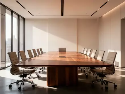 Ein moderner, minimalistischer Konferenzraum mit einem langen Holztisch und leeren Stühlen in hellem Tageslicht. - Foto: über boerse-global.de