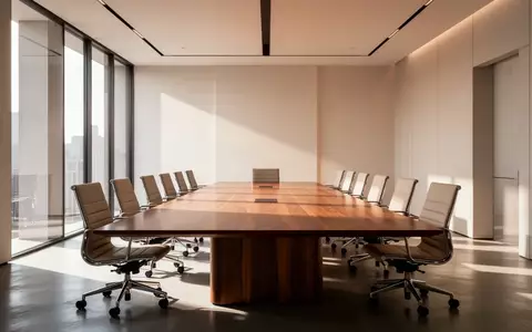 Ein moderner, minimalistischer Konferenzraum mit einem langen Holztisch und leeren Stühlen in hellem Tageslicht. - Foto: über boerse-global.de