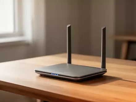 Ein moderner WLAN-Router auf einem schlichten Holztisch in einem hellen, aufgeräumten Büro. - Foto: über boerse-global.de