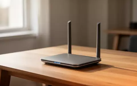 Ein moderner WLAN-Router auf einem schlichten Holztisch in einem hellen, aufgeräumten Büro. - Foto: über boerse-global.de