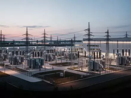 Moderne elektrische Energieinfrastruktur in einem weitläufigen Industrie- und Logistikzentrum bei Dämmerung. - Foto: über boerse-global.de