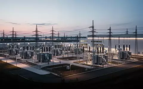 Moderne elektrische Energieinfrastruktur in einem weitläufigen Industrie- und Logistikzentrum bei Dämmerung. - Foto: über boerse-global.de