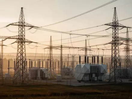 Moderne Hochspannungs-Umspannanlage in einer weiten Landschaft bei Sonnenuntergang als Symbol für Infrastrukturinvestitionen. - Foto: über boerse-global.de