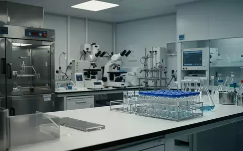 Ein steriler, moderner medizinischer Forschungsraum mit Laborgeräten auf einer weißen Arbeitsfläche. - Foto: über boerse-global.de