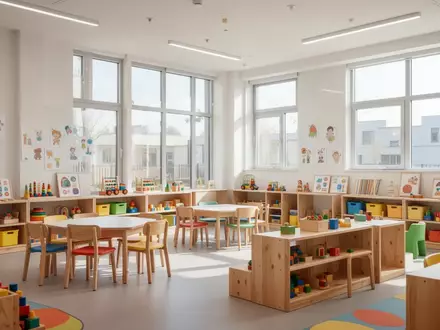 Heller und freundlich gestalteter Gruppenraum einer Kindertagesstätte mit kindgerechtem Mobiliar und Spielmaterialien. - Foto: über boerse-global.de