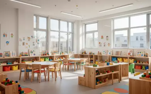 Heller und freundlich gestalteter Gruppenraum einer Kindertagesstätte mit kindgerechtem Mobiliar und Spielmaterialien. - Foto: über boerse-global.de