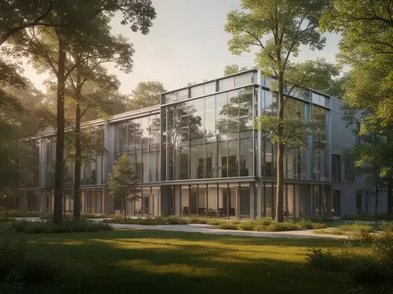 Moderne Forschungsgebäude in einem bewaldeten Campusareal bei Sonnenuntergang. - Foto: über boerse-global.de