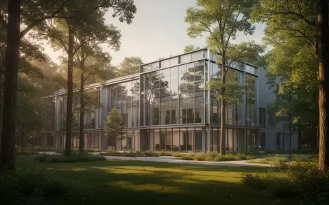 Moderne Forschungsgebäude in einem bewaldeten Campusareal bei Sonnenuntergang. - Foto: über boerse-global.de