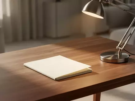 Ein minimalistischer, heller Arbeitsplatz mit einem leeren Notizbuch auf einem Holztisch in einem sonnendurchfluteten Raum. - Foto: über boerse-global.de