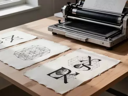 Nahaufnahme eines minimalistischen Design-Arbeitsplatzes mit einer Druckpresse und bedruckten, strukturierten Papieren. - Foto: über boerse-global.de
