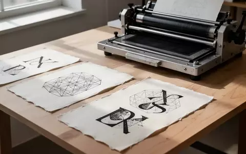 Nahaufnahme eines minimalistischen Design-Arbeitsplatzes mit einer Druckpresse und bedruckten, strukturierten Papieren. - Foto: über boerse-global.de
