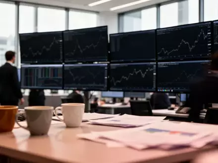 Blick auf einen professionellen Börsenhandelssaal mit verschwommenen Bildschirmen und Handelsplätzen in Frankfurt. - Foto: über boerse-global.de