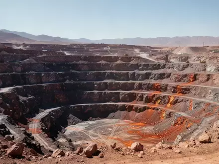 Weite, zerklüftete Tagebau-Kupfermine in einer ariden Wüstenlandschaft mit terrassenförmigen Gesteinsschichten. - Foto: über boerse-global.de