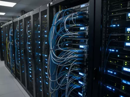 Modernes Rechenzentrum mit leuchtenden Server-Racks und Glasfaserkabeln in einer professionellen IT-Umgebung. - Foto: über boerse-global.de