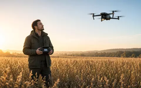Ein Drohnenpilot auf einem sonnigen Feld mit einer professionellen Industriedrohne in der Luft. - Foto: über boerse-global.de