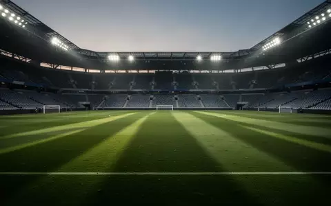 Ein leeres, professionelles Fußballstadion bei Dämmerung mit perfekt gepflegtem Rasen und atmosphärischer Beleuchtung. - Foto: über boerse-global.de