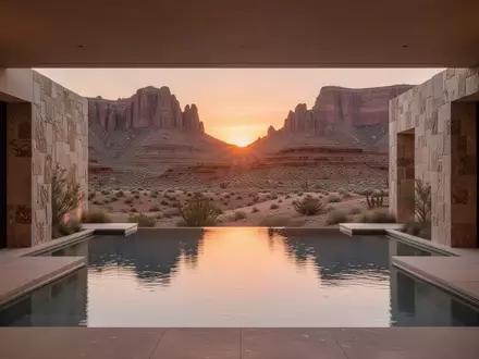 Ein minimalistischer, luxuriöser Spa-Bereich mit Infinity-Pool in einer kargen Wüstenlandschaft bei Sonnenaufgang. - Foto: über boerse-global.de