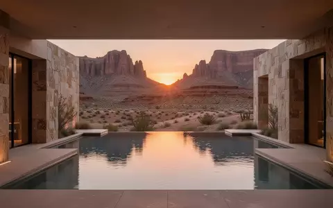 Ein minimalistischer, luxuriöser Spa-Bereich mit Infinity-Pool in einer kargen Wüstenlandschaft bei Sonnenaufgang. - Foto: über boerse-global.de