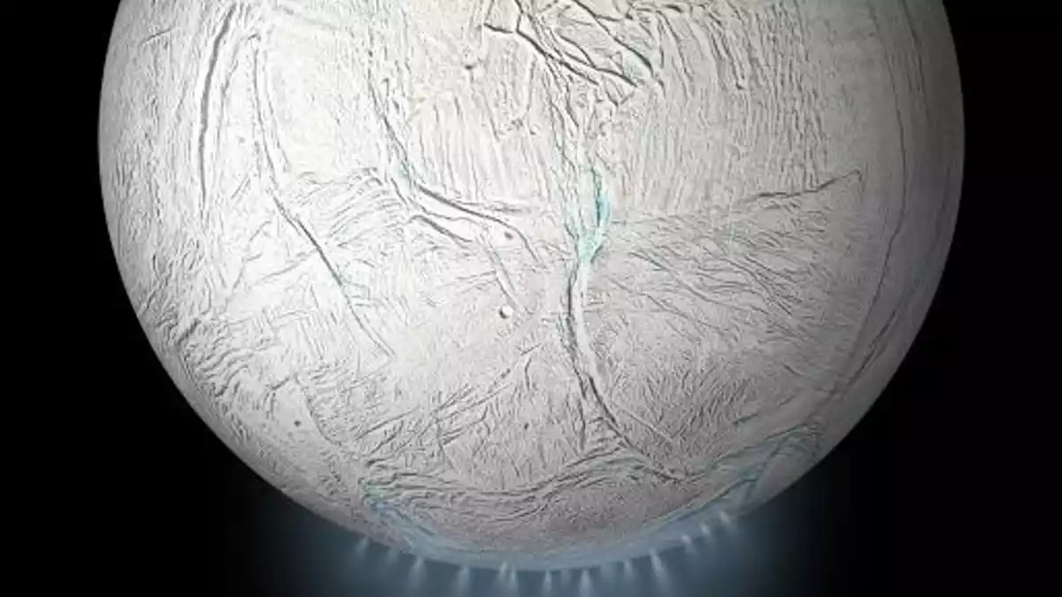 Der Saturnmond Enceladus ist von Eis bedeckt. (computergenerierte Darstellung) - Bild: Nasa/dpa