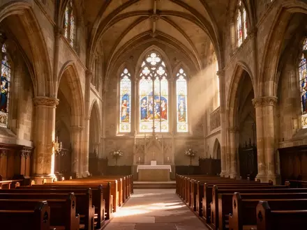 Lichtdurchfluteter Innenraum einer historischen Kirche mit hohen Steingewölben und leeren Holzbänken - Foto: über boerse-global.de