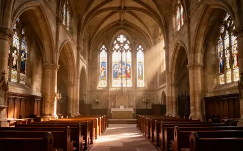 Lichtdurchfluteter Innenraum einer historischen Kirche mit hohen Steingewölben und leeren Holzbänken - Foto: über boerse-global.de