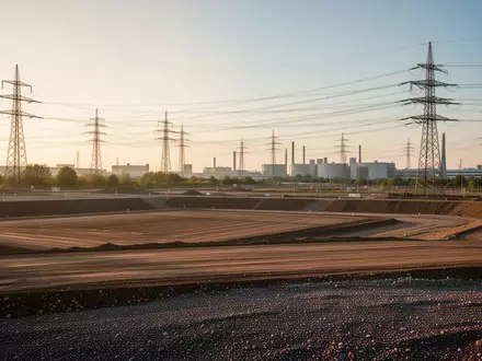 Weites, leeres Industriegelände in Nordrhein-Westfalen mit Strommasten im Hintergrund bei Sonnenuntergang. - Foto: über boerse-global.de