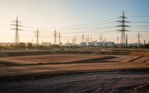 Weites, leeres Industriegelände in Nordrhein-Westfalen mit Strommasten im Hintergrund bei Sonnenuntergang. - Foto: über boerse-global.de