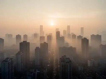 Dichte, dunstige Stadtlandschaft bei Sonnenaufgang, die auf Luftverschmutzung und die Belastung der Atemwege hinweist. - Foto: über boerse-global.de
