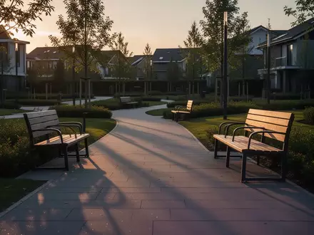Ein leerer Parkweg bei Dämmerung mit langen Schatten und Parkbänken, symbolisch für die digitale Auszeit von Jugendlichen. - Foto: über boerse-global.de