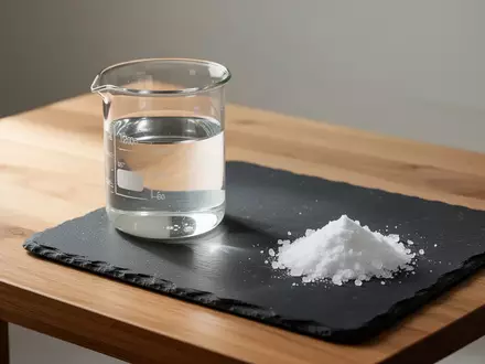 Ein Glasbecher mit klarem Wasser und eine kleine Menge weißes Pulver auf einer dunklen Schieferplatte. - Foto: über boerse-global.de