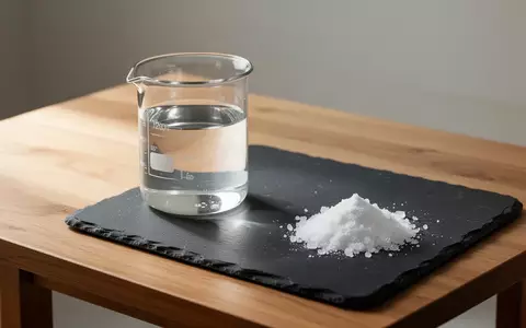 Ein Glasbecher mit klarem Wasser und eine kleine Menge weißes Pulver auf einer dunklen Schieferplatte. - Foto: über boerse-global.de