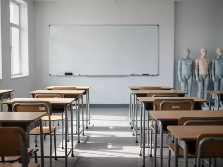 Leere Schulbänke in einem hellen Klassenzimmer, im Hintergrund stehen Reanimationspuppen für das Erste-Hilfe-Training bereit. - Foto: über boerse-global.de