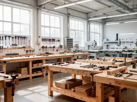 Eine helle, aufgeräumte Werkstatt mit professionellen Arbeitsplätzen und Werkzeugen in einer Industriehalle. - Foto: über boerse-global.de