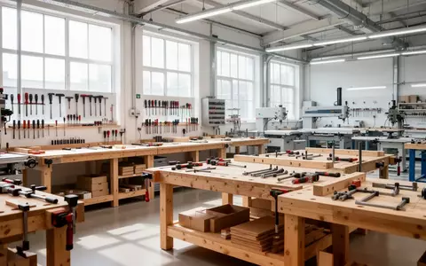 Eine helle, aufgeräumte Werkstatt mit professionellen Arbeitsplätzen und Werkzeugen in einer Industriehalle. - Foto: über boerse-global.de