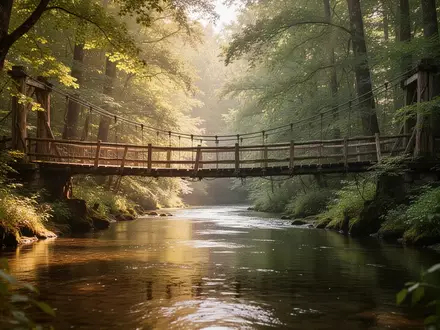 Eine friedliche Naturlandschaft mit einem Fluss und einer Hängebrücke in einem Wald, die eine beruhigende Atmosphäre ausstrahlt. - Foto: über boerse-global.de