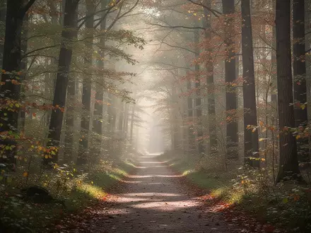 Ein ruhiger, von Bäumen gesäumter Waldweg in der Dämmerung, der zur Kontemplation und zum Wandern einlädt. - Foto: über boerse-global.de