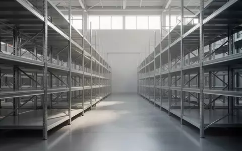 Ein minimalistisches, leeres Logistiklager mit ordentlichen Regalreihen und einfallendem Tageslicht. - Foto: über boerse-global.de