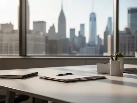 Ein moderner Schreibtisch in einem Büro mit verschwommener Skyline im Hintergrund bei natürlichem Tageslicht. - Foto: über boerse-global.de