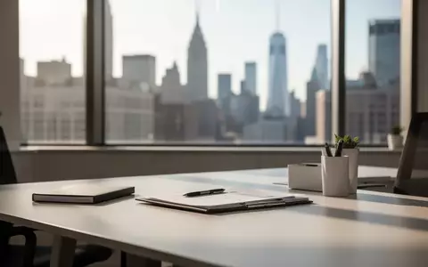 Ein moderner Schreibtisch in einem Büro mit verschwommener Skyline im Hintergrund bei natürlichem Tageslicht. - Foto: über boerse-global.de