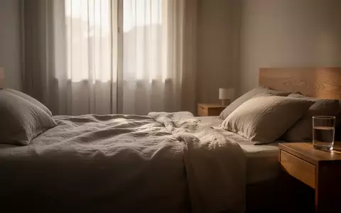 Ein minimalistisch eingerichtetes Schlafzimmer in sanftem Morgenlicht mit einem unbenutzten, ordentlich gemachten Bett. - Foto: über boerse-global.de