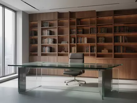 Modernes, leeres Büro mit minimalistischem Schreibtisch und Bücherregalen in ruhiger, professioneller Atmosphäre. - Foto: über boerse-global.de